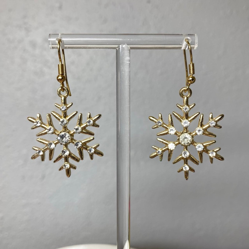 GOLD SNOWFLAKE RHINESTONE DANGLY EARRINGS Y2K GLAM COQUETTE WINTER HOLIDAY